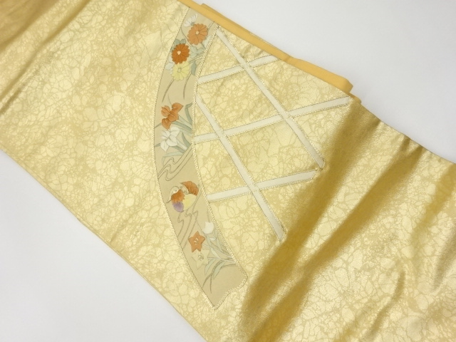 リサイクル　蛇籠に鴛鴦・花々模様刺繍名古屋帯